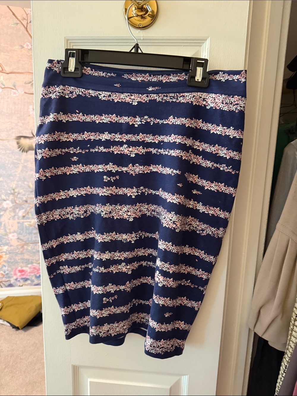 Pixley Navy Pencil Skirt with Pink & White Floral Stripes